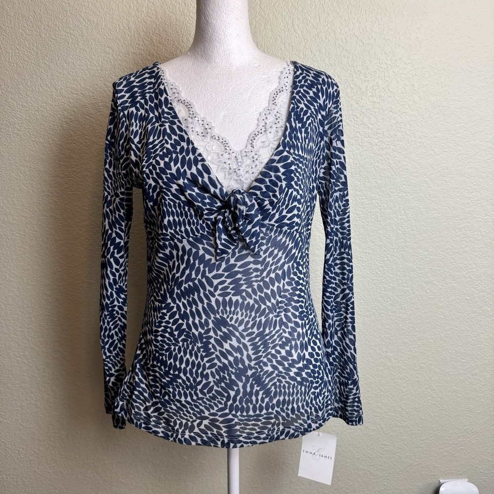 Emma James Top S Womens Navy Blue Geometric Mesh Tie Front Bling Lace V Neck NWT